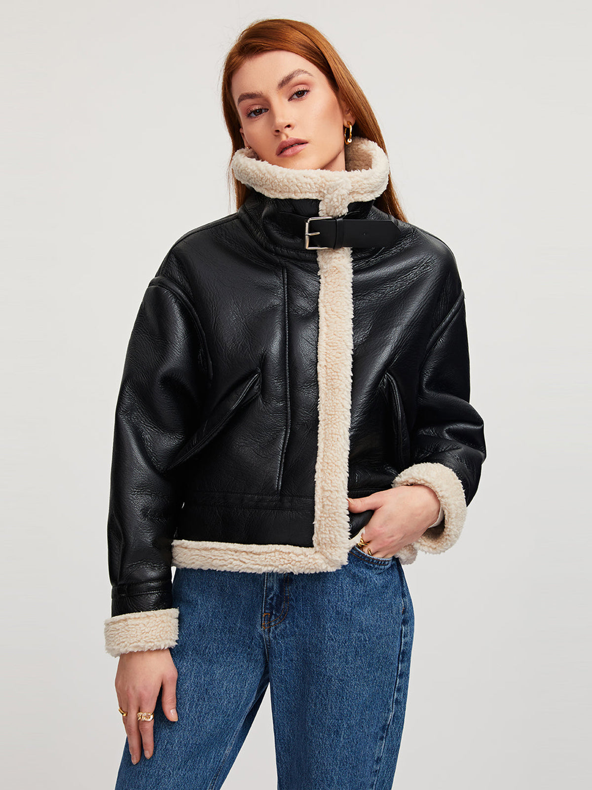 Pilotjakke i Vegansk Skinn med Fôret Shearling og Sherpa