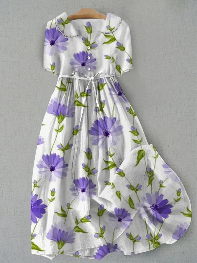 Sage - Retro Snøring Midje Halv Erme Blomsterkjole