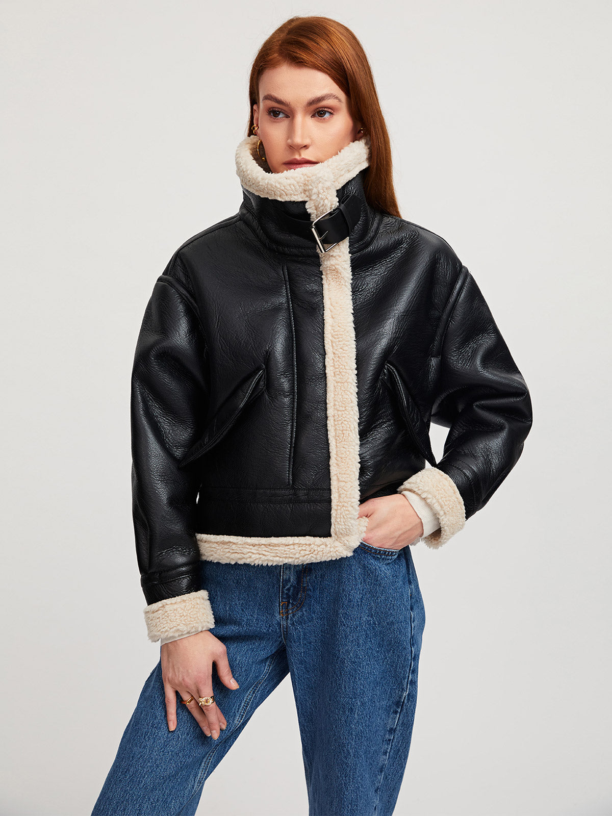Pilotjakke i Vegansk Skinn med Fôret Shearling og Sherpa