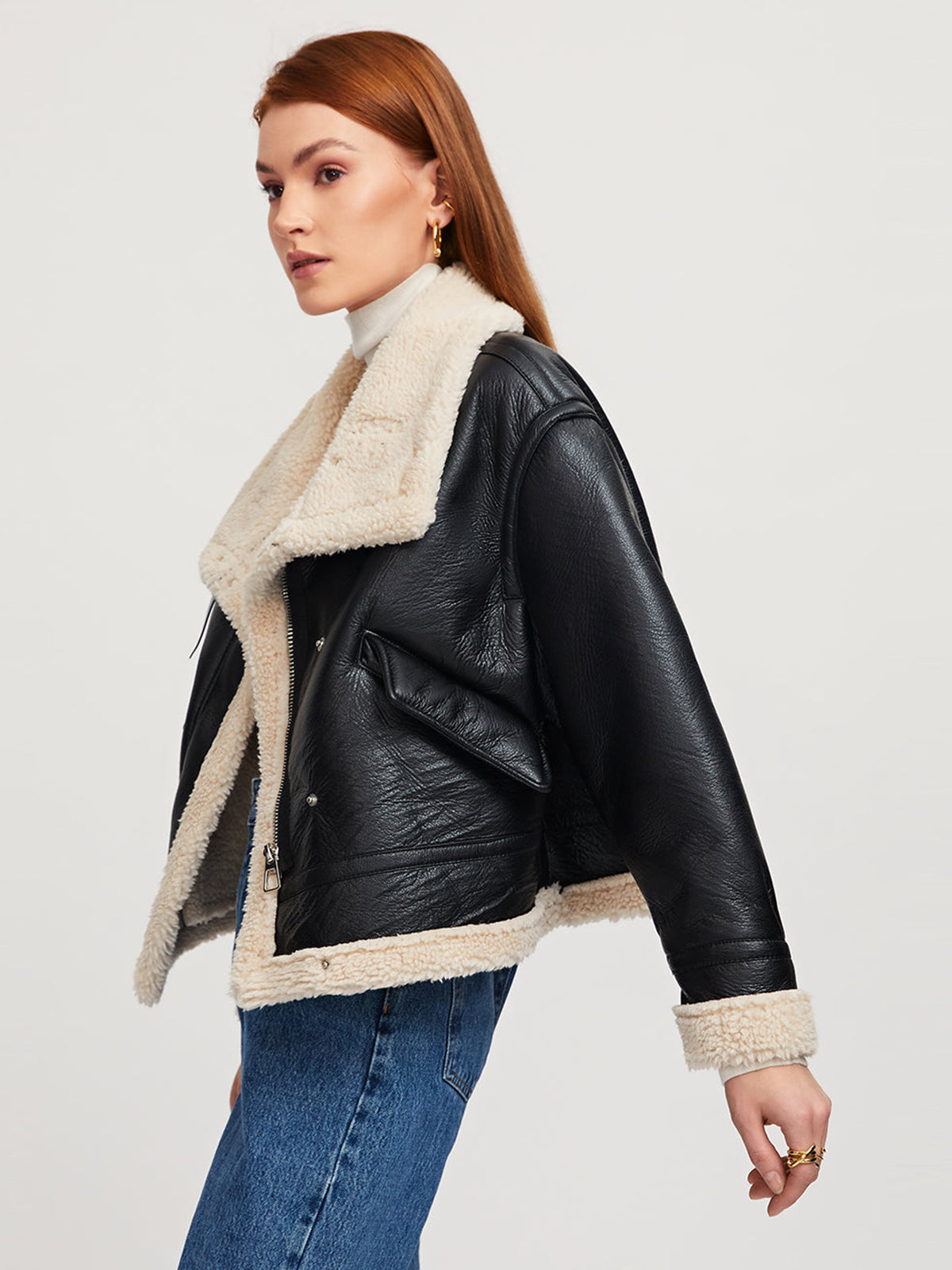 Pilotjakke i Vegansk Skinn med Fôret Shearling og Sherpa